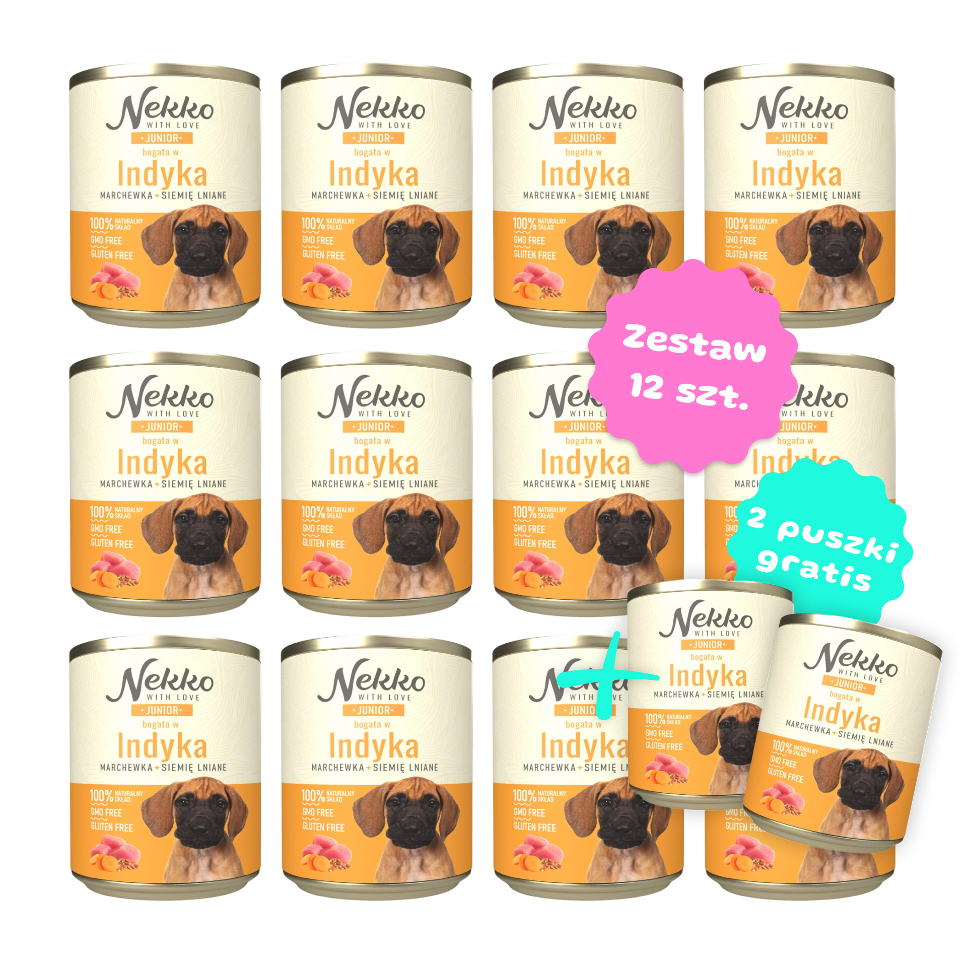 Zestaw 12 szt. puszek karmy mokrej - NEKKO Junior Indyk, marchewka, siemię lniane - 12 szt. puszka 800g + 2 puszki GRATIS!