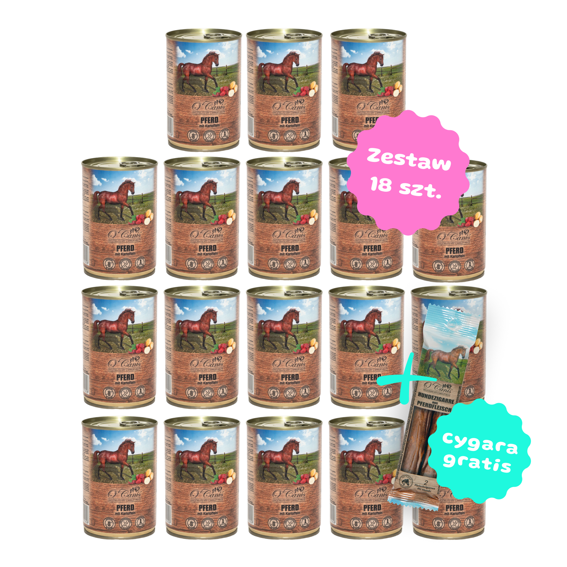 Zestaw 18 szt. puszek karmy mokrej monobiałkowej  - O'Canis konina z ziemniakami - 18 szt. puszka 400g + 2 cygara GRATIS!