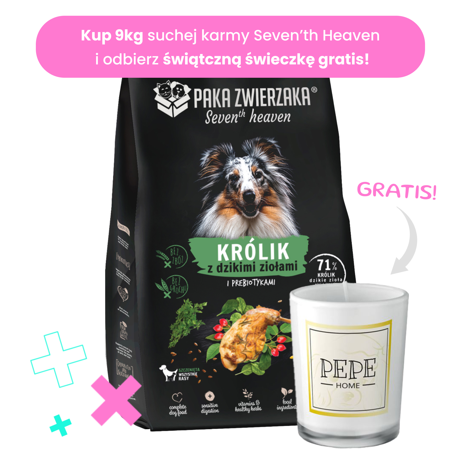 PAKA ZWIERZAKA sucha karma Seven’th Heaven PUPPY Królik z dzikimi ziołami 9kg +świeczka GRATIS!