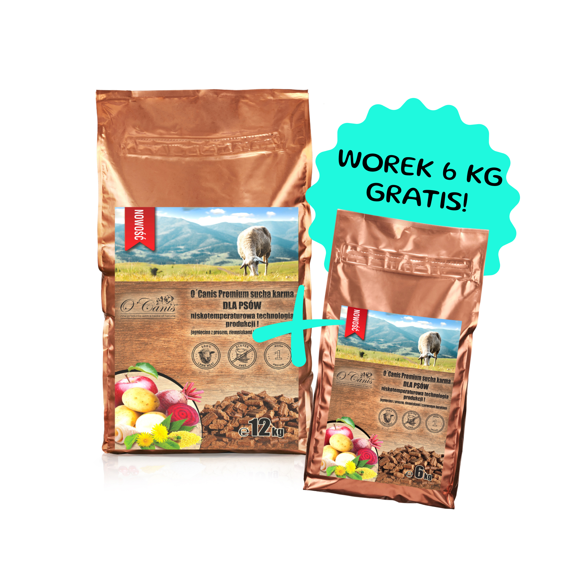 O'Canis sucha karma premium dla psa z jagnięciny z prosem, kartoflami, czerwonym burakiem oraz  jabłkiem 12kg + worek 6kg GRATIS!
