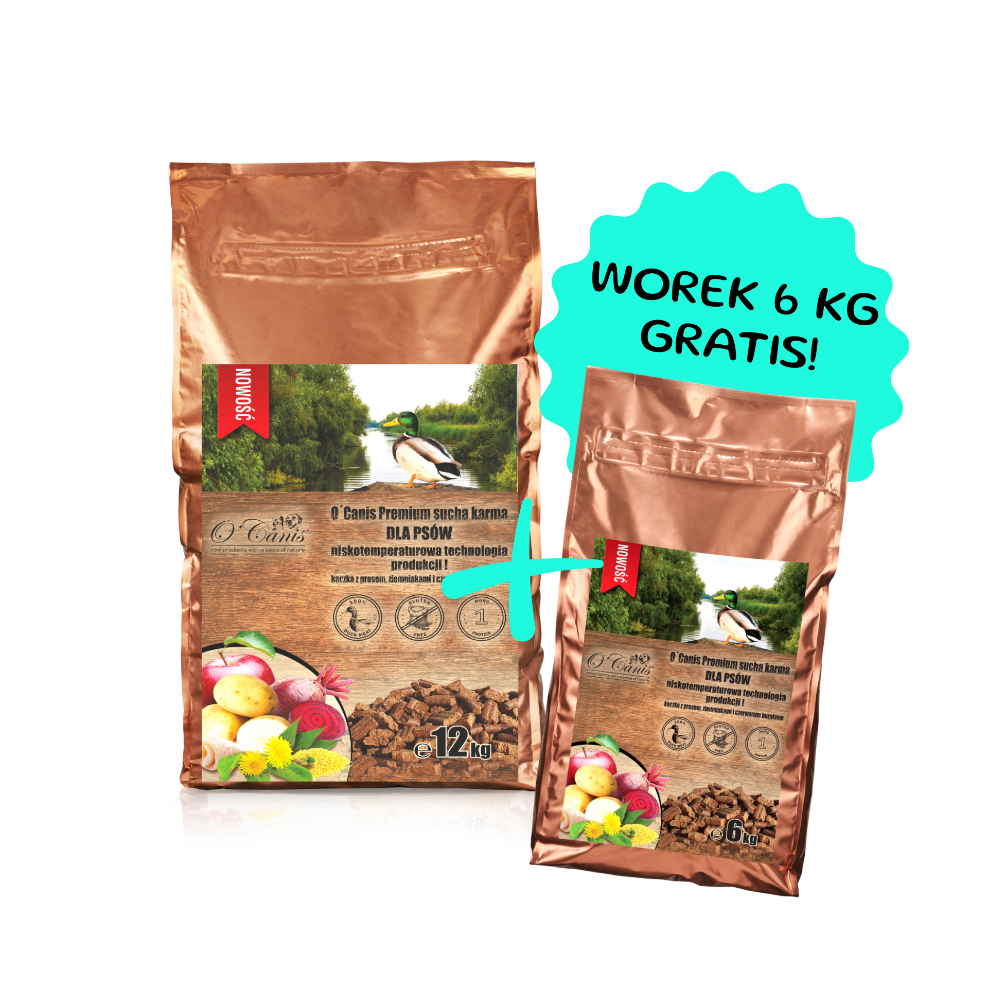 O'Canis sucha karma premium dla psa z mięsem kaczki oraz prosem, ziemniakami i czerwonym burakiem 12kg + worek 6kg GRATIS!