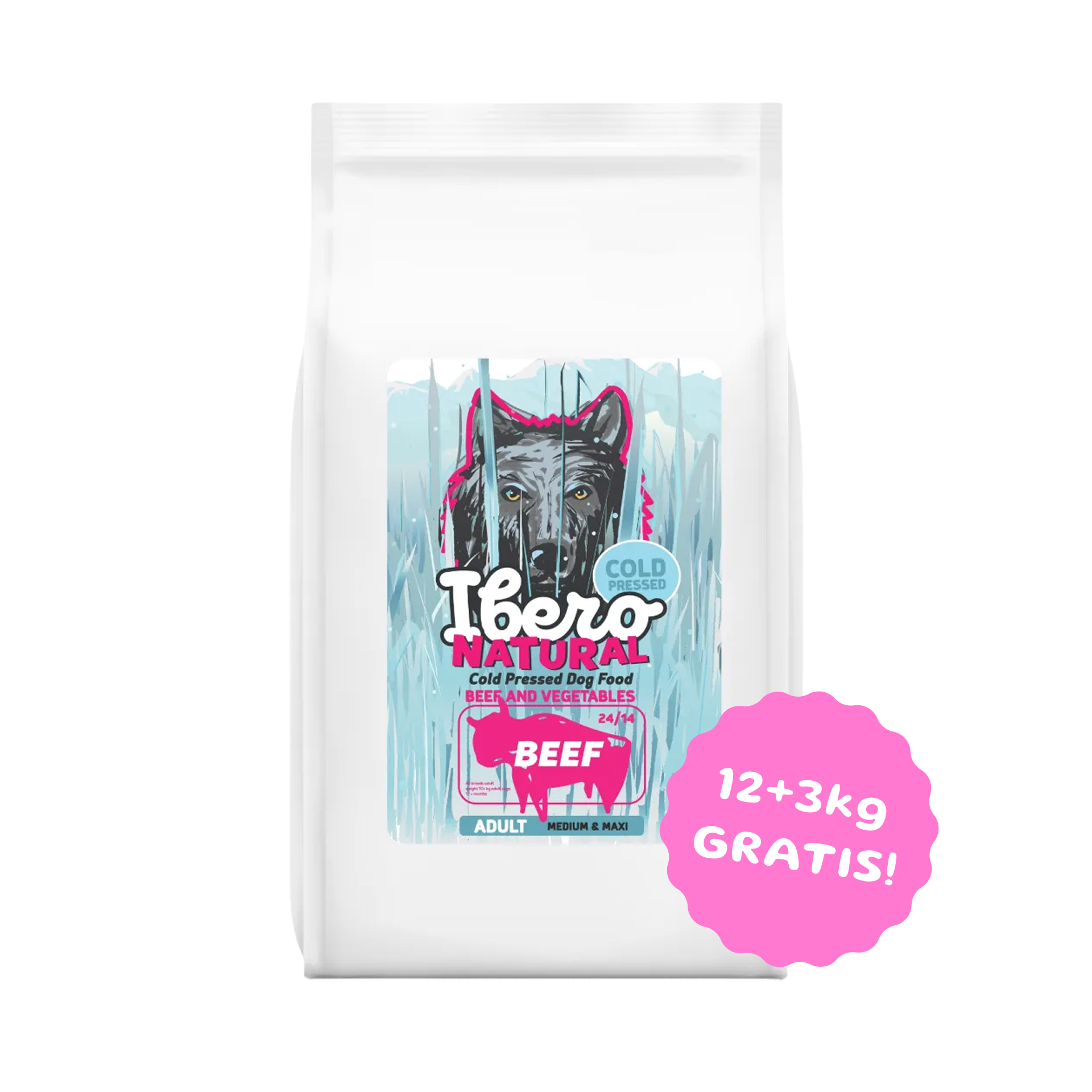 Ibero Cold Press Dog Adult Medium/Large karma tłoczona na zimno dla dużych i średnich psów z wołowiną 12kg + 3kg GRATIS! 