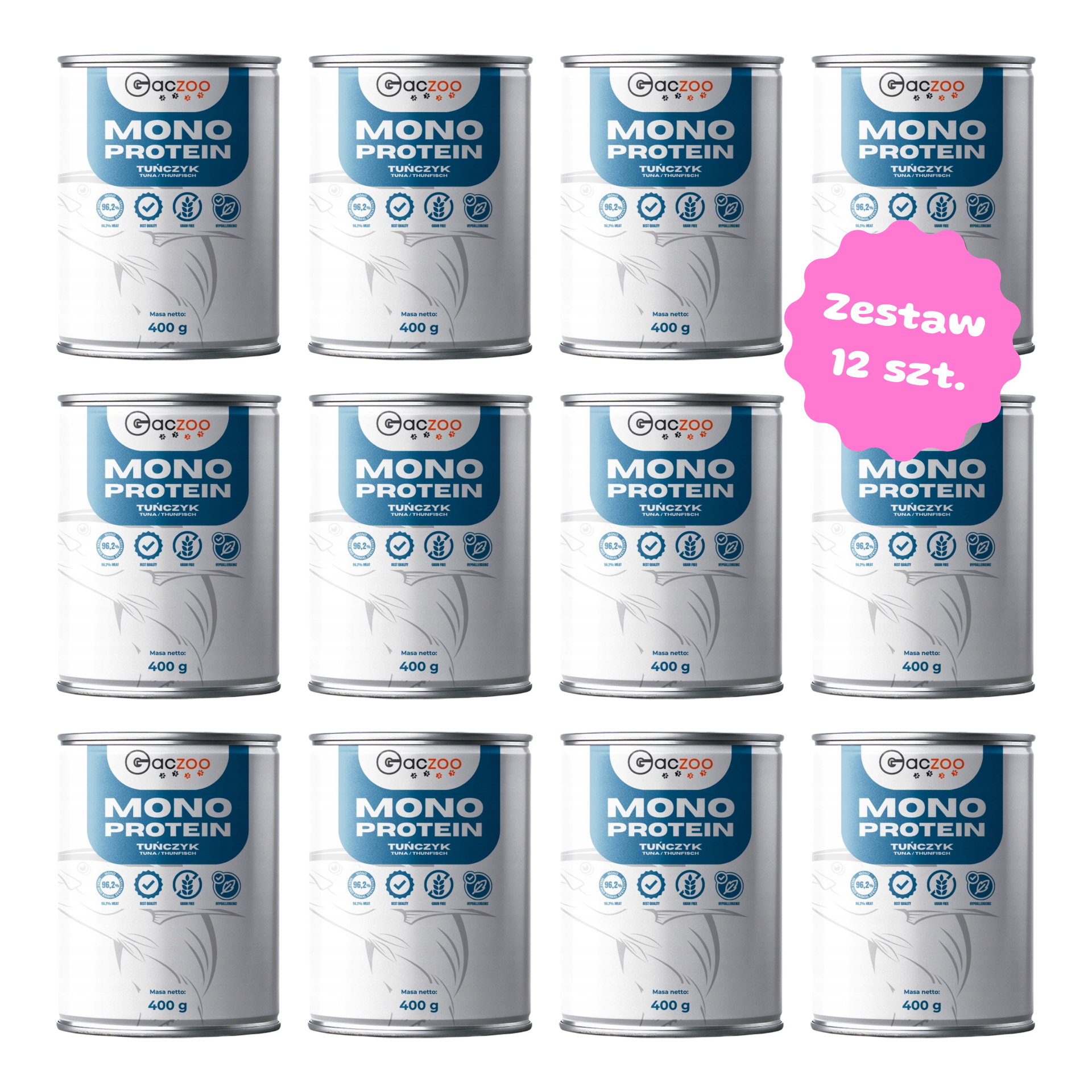 Zestaw 12 szt. puszek karmy mokrej monobiałkowej - Gaczoo Mono Protein Tuńczyk - 12 szt. puszka 400g