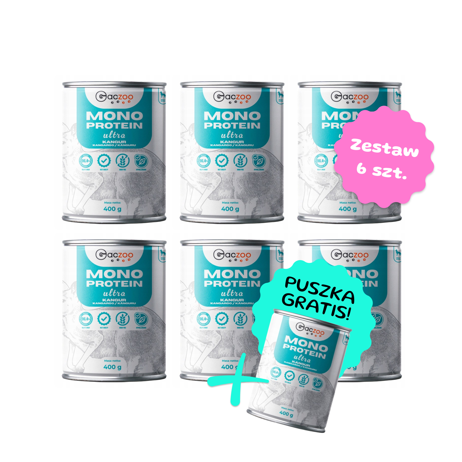Zestaw 6 szt. puszek karmy mokrej monobiałkowej - Gaczoo Ultra Light Kangur - 6 szt. puszka 400g + puszka GRATIS!