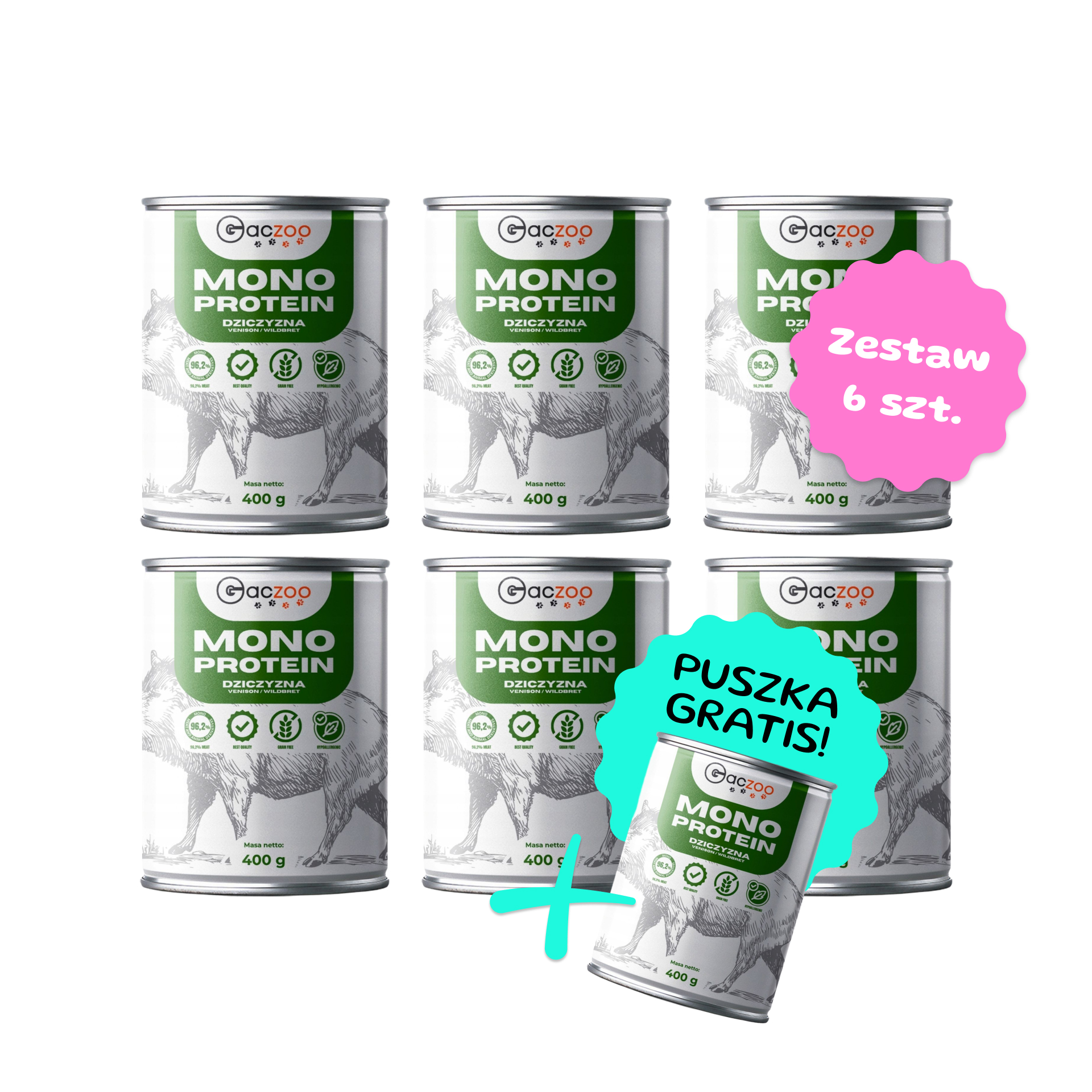 Zestaw 6 szt. puszek karmy mokrej monobiałkowej - Gaczoo Mono Protein Dziczyzna - 6 szt. puszka 400g + puszka GRATIS!