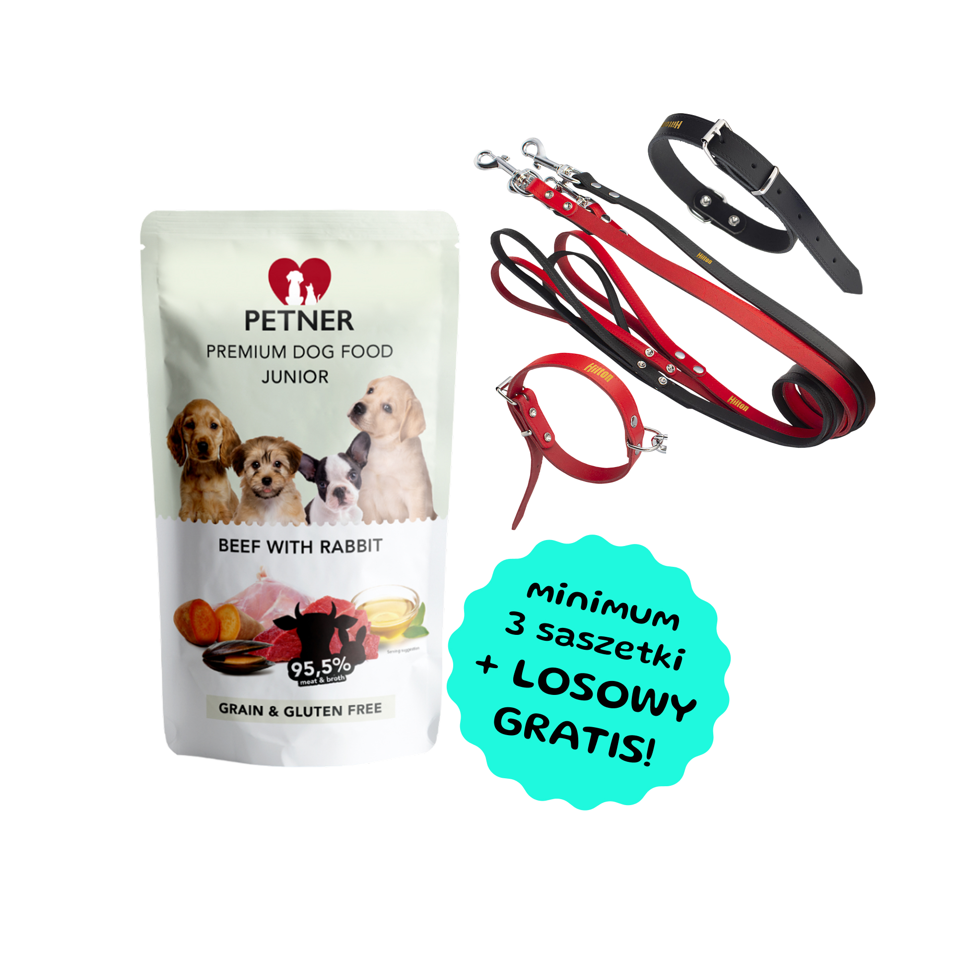 Petner Premium Dog Food Junior dla młodych psów wołowina i królik karma mokra 500g - Smycz lub obroża GRATIS przy zakupie min. 3 saszetek Petner! Petner Premium Dog Food Junior dla młodych psów wołowina i królik karma mokra 500g - Smycz lub obroża GRATIS przy zakupie min. 3 saszetek Petner!