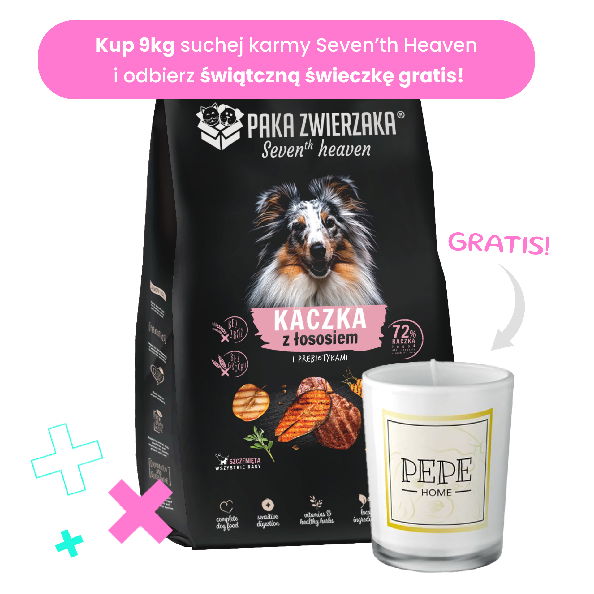 PAKA ZWIERZAKA sucha karma Seven’th Heaven Duck & Salmon PUPPY (Kaczka i łosoś SZCZENIĘTA) 9kg +świeczka GRATIS!