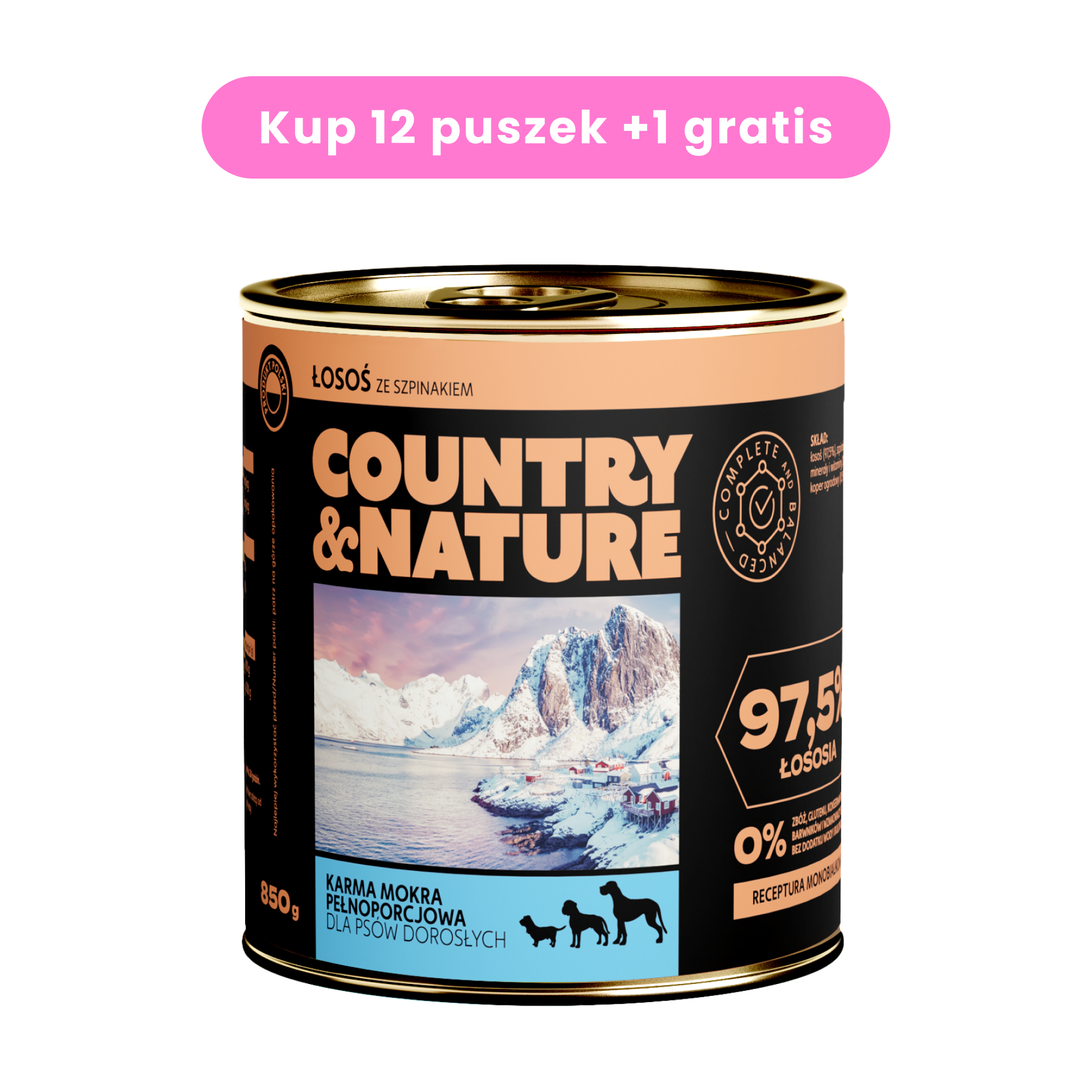 COUNTRY&NATURE Bezzbożowa mokra karma - łosoś ze szpinakiem 850g