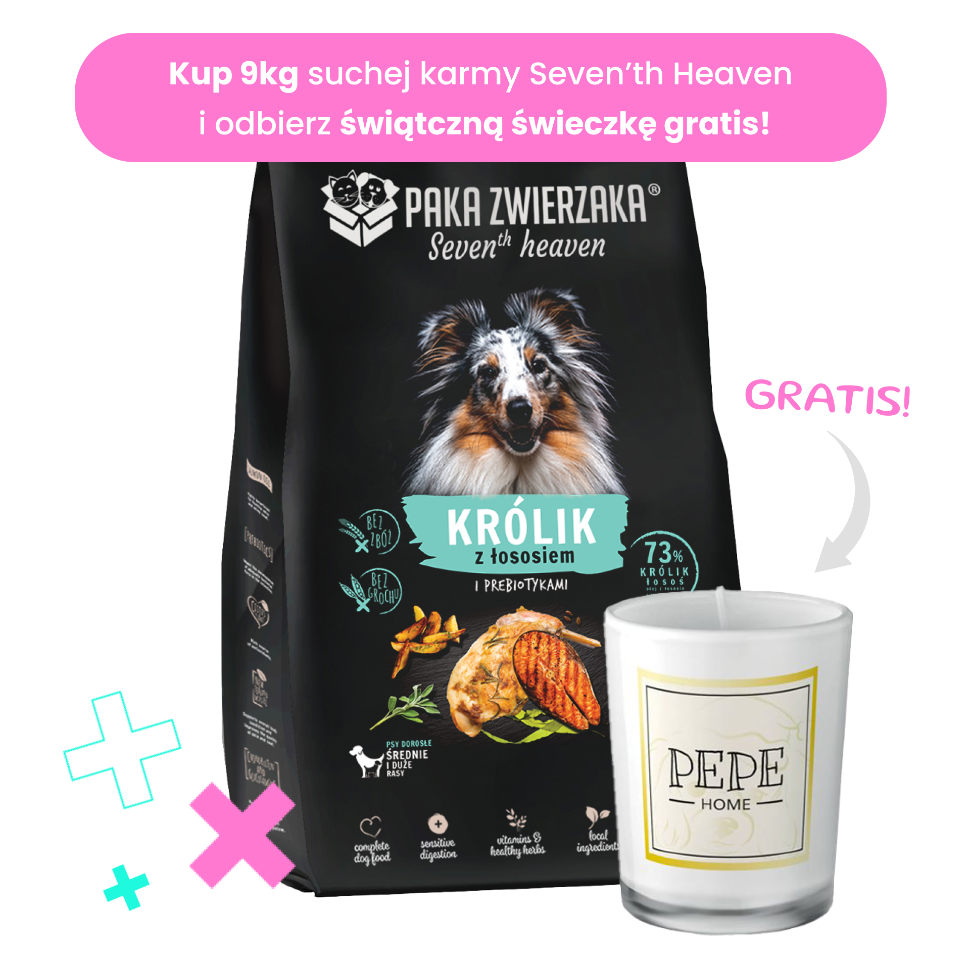 PAKA ZWIERZAKA sucha karma Seven’th Heaven Królik i Łosoś 9kg +świeczka GRATIS!