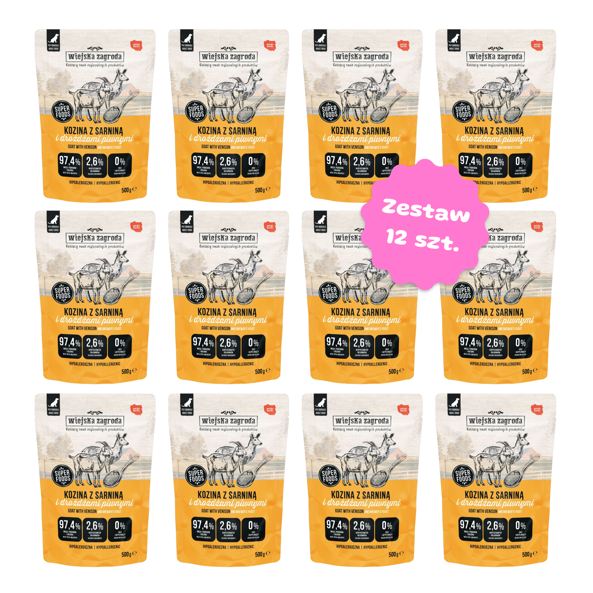Zestaw 12 szt. saszetek karmy mokrej pełnoporcjowej - Wiejska Zagroda kozina z sarniną - 12 szt. saszetka 500g