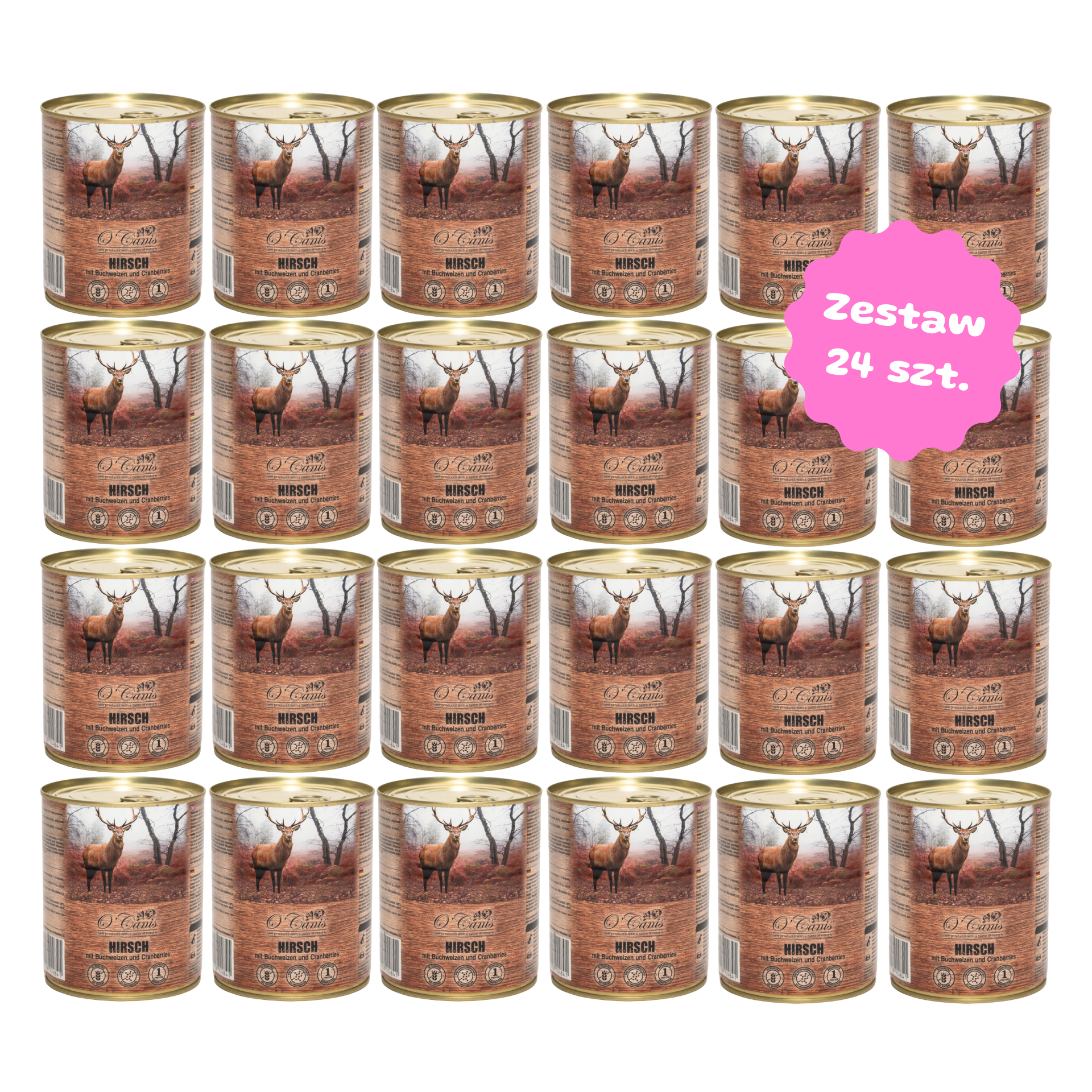 Zestaw 24 szt. puszek karmy mokrej monobiałkowej - O'Canis jeleń z kaszą gryczaną - 24 szt. puszka 800g
