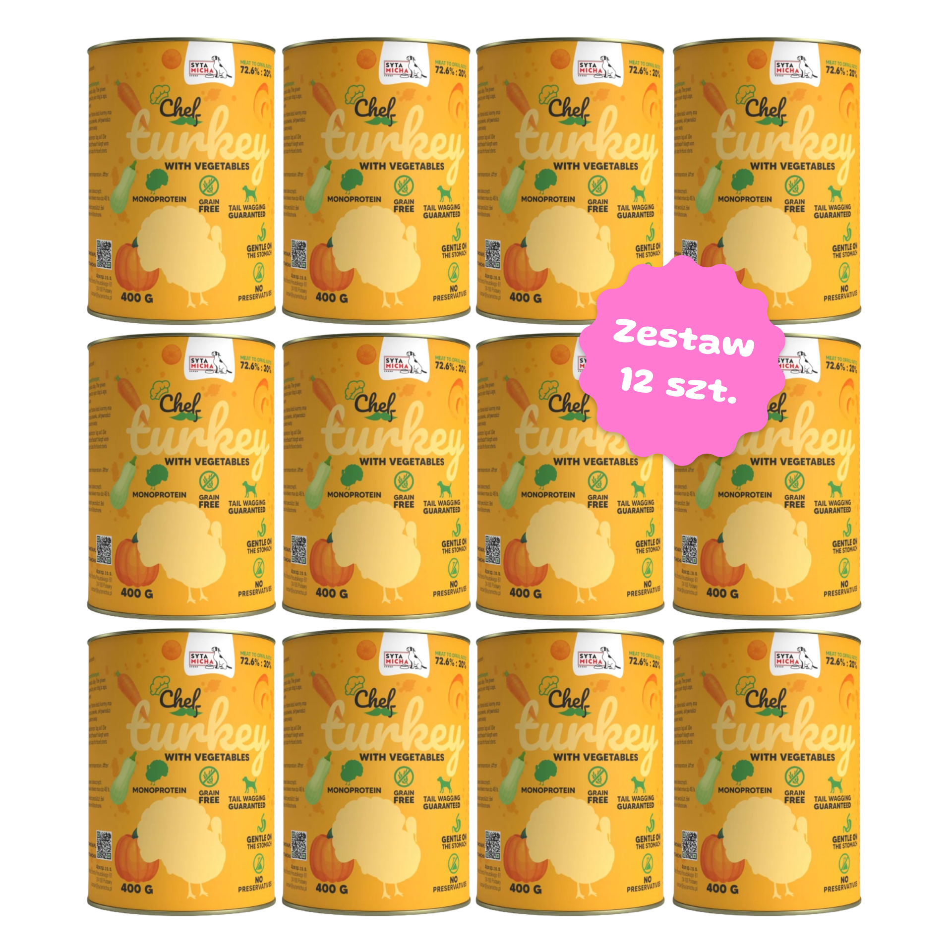 Zestaw 12 szt. puszek karmy mokrej monobiałkowej - Syta Micha CHEF Indyk - 12 szt. puszka 400g  Zestaw 12 szt. puszek karmy mokrej monobiałkowej - Syta Micha CHEF Indyk - 12 szt. puszka 400g