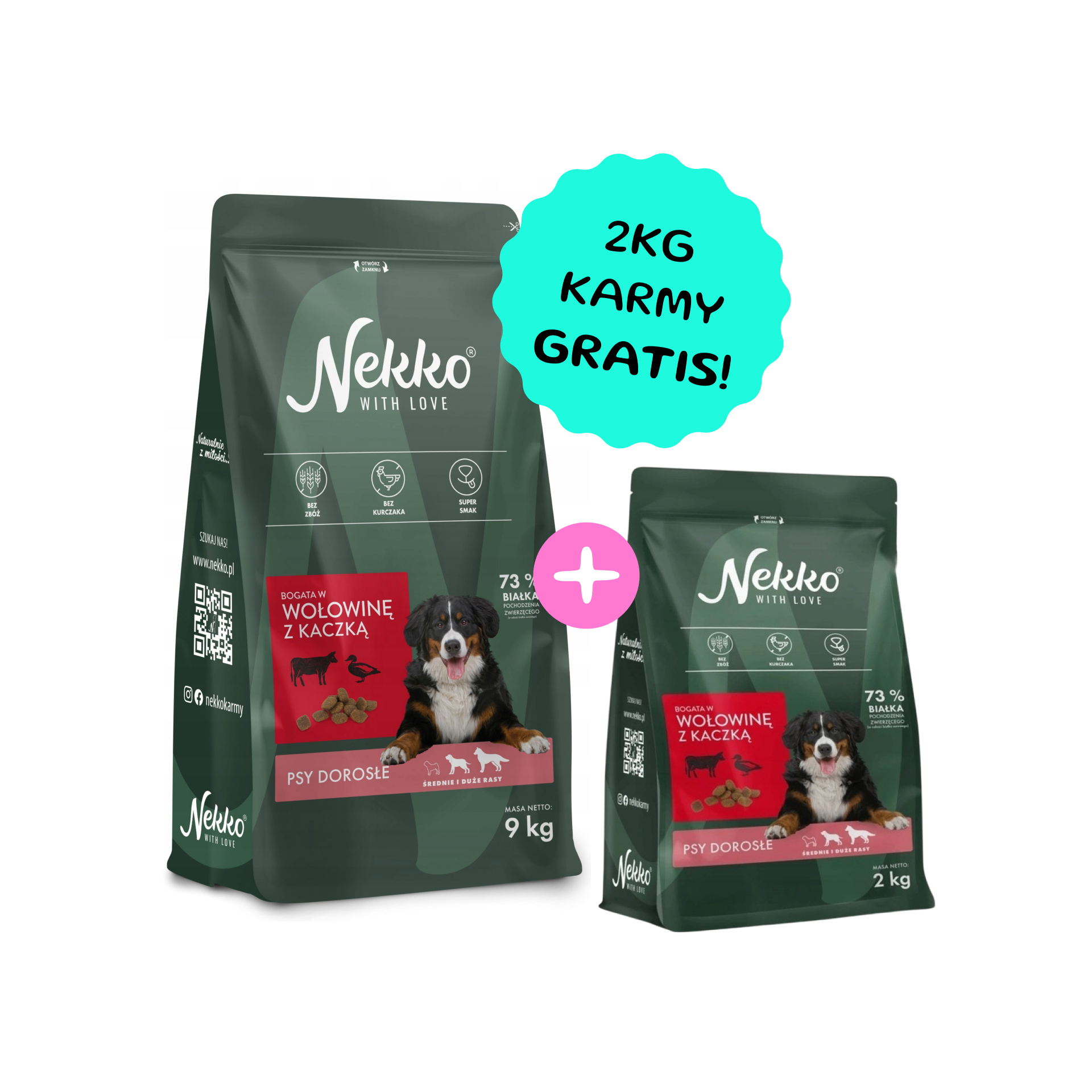 NEKKO Bezzbożowa karma sucha wołowina z kaczką dla psów dorosłych średnich i dużych ras 9kg + 2kg GRATIS!