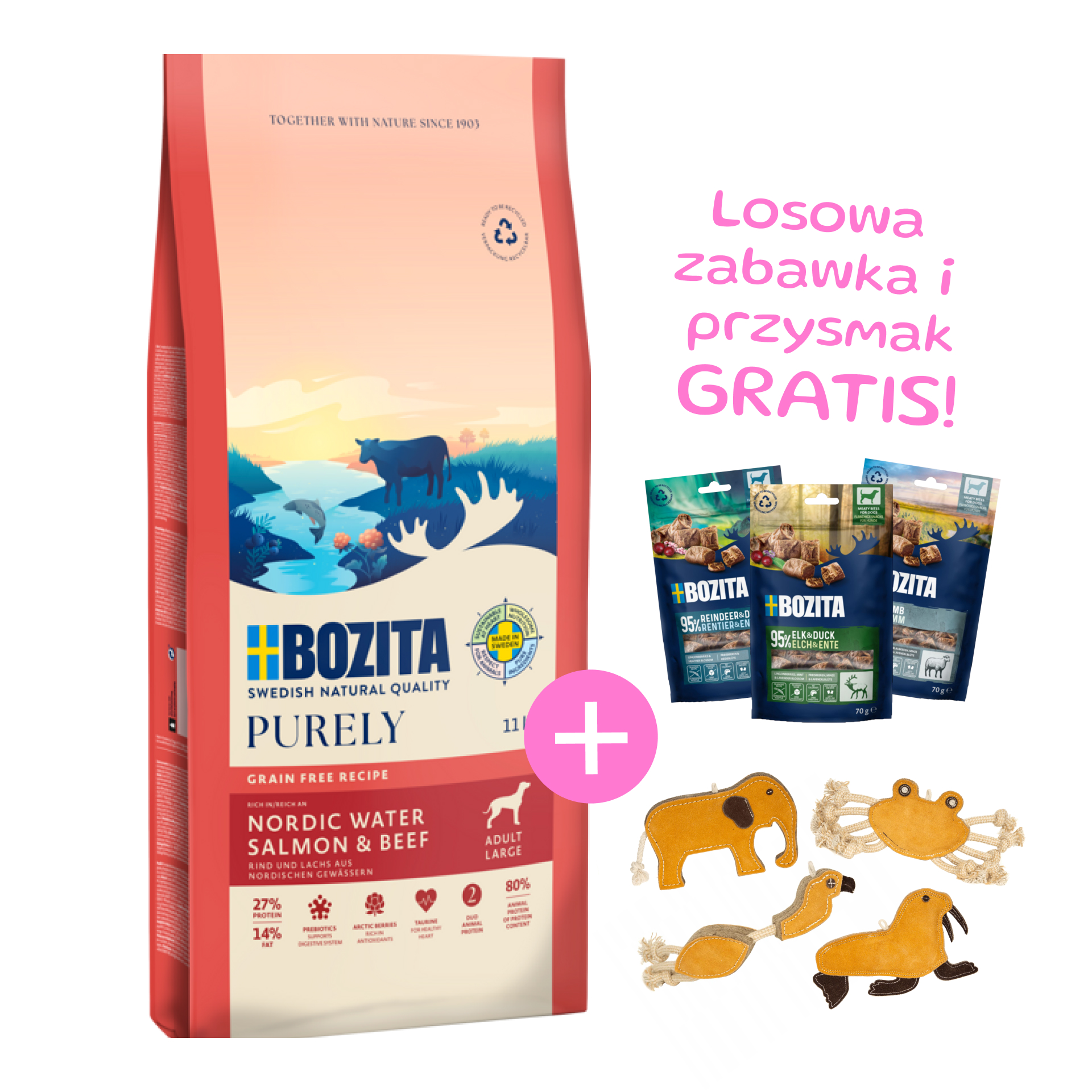 Bozita Purely Adult Large bezzbożowa karma z łososiem i wołowiną 11kg