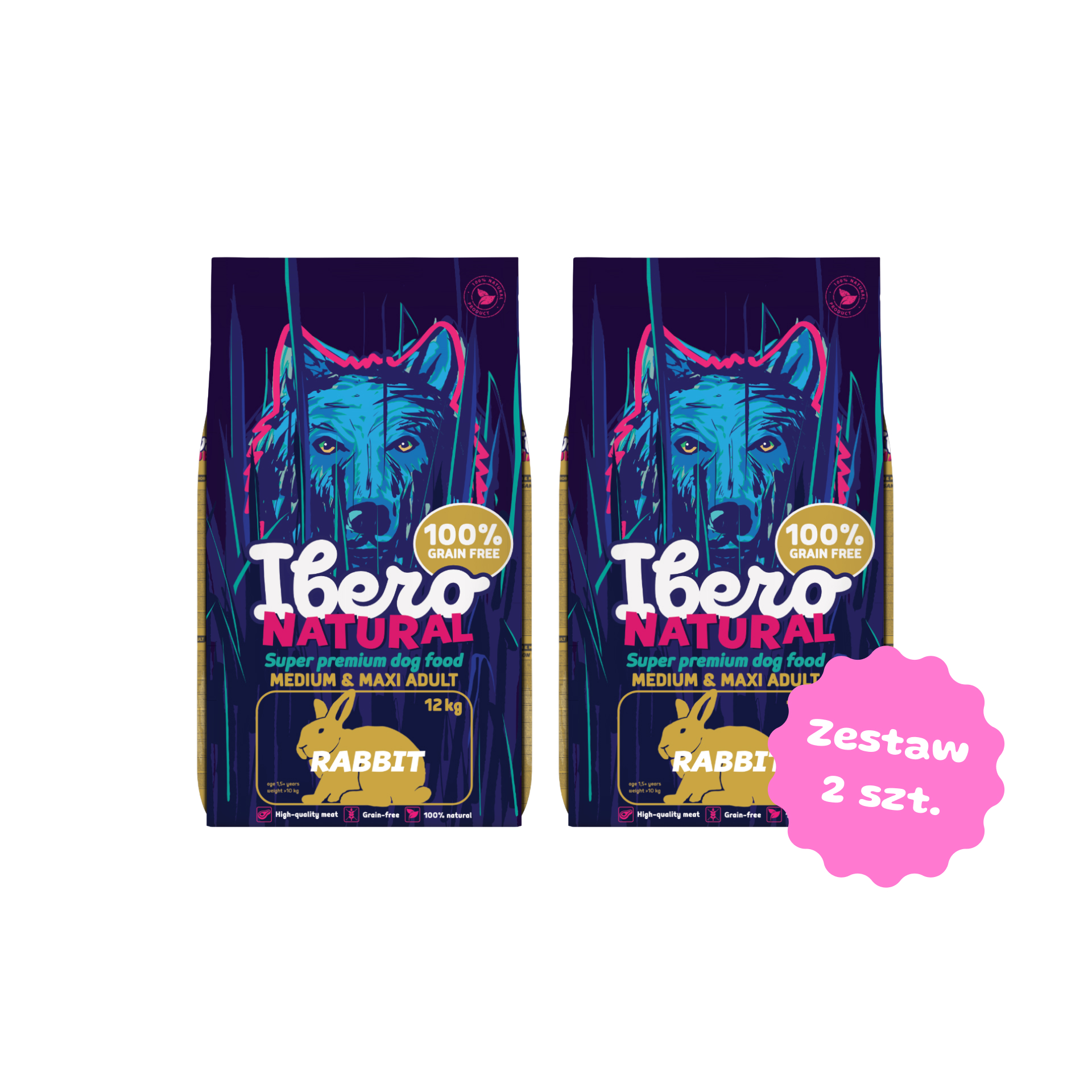 Zestaw 2 karm 12kg - Ibero Natural Rabbit bezzbożowa karma z królikiem - 2 szt worek 12kg
