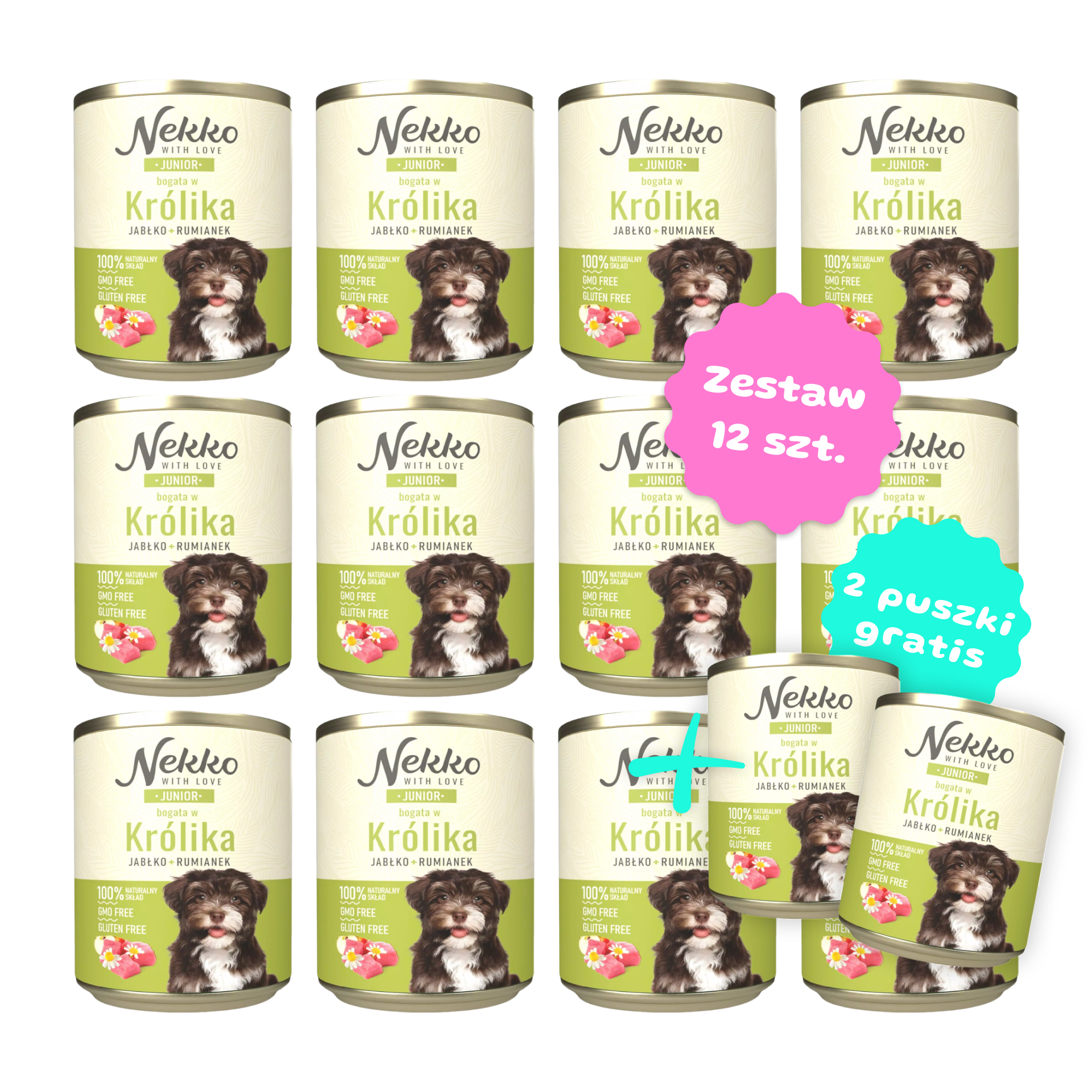 Zestaw 12 szt. puszek karmy mokrej - NEKKO Junior Królik, jabłko, rumianek - 12 szt. puszka 800g + 2 puszki GRATIS!