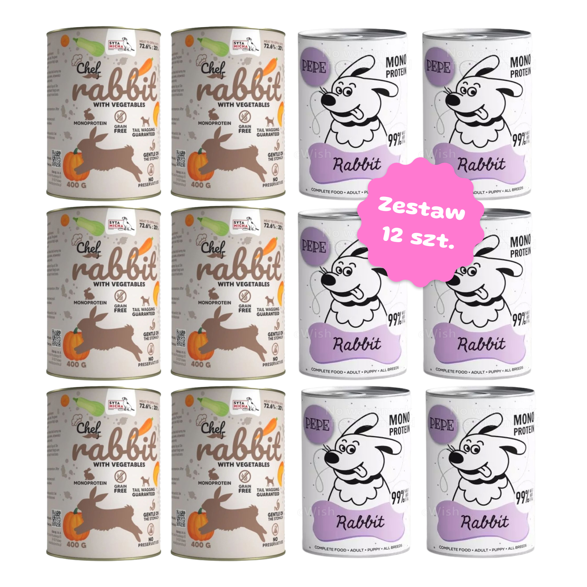 Zestaw 12 szt. puszek karmy mokrej - 6szt Syta Micha CHEF Królik + 6szt Paka Zwierzaka PEPE MONO PROTEIN królik - 12 szt. puszka 400g