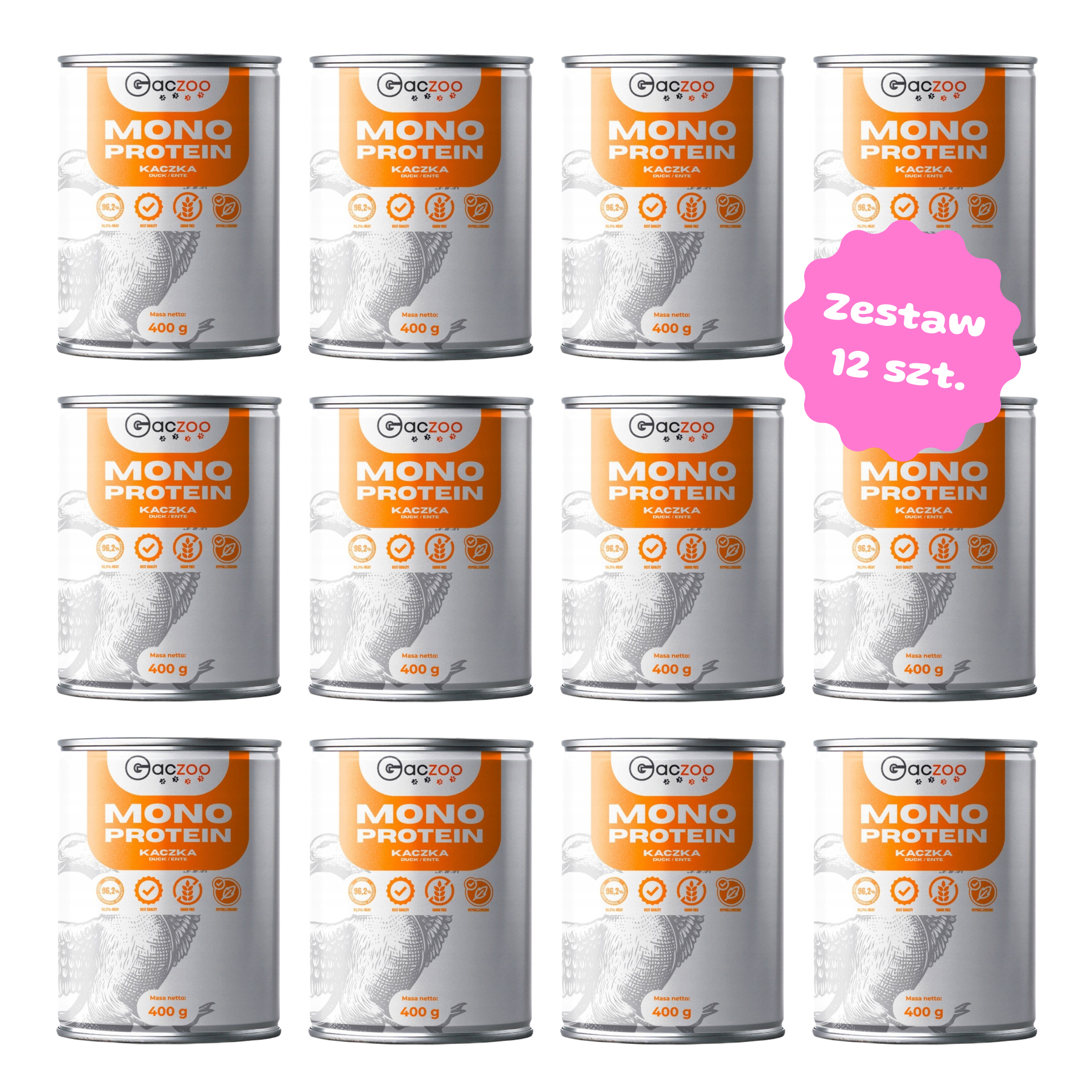 Zestaw 12 szt. puszek karmy mokrej monobiałkowej - Gaczoo Mono Protein Kaczka - 12 szt. puszka 400g
