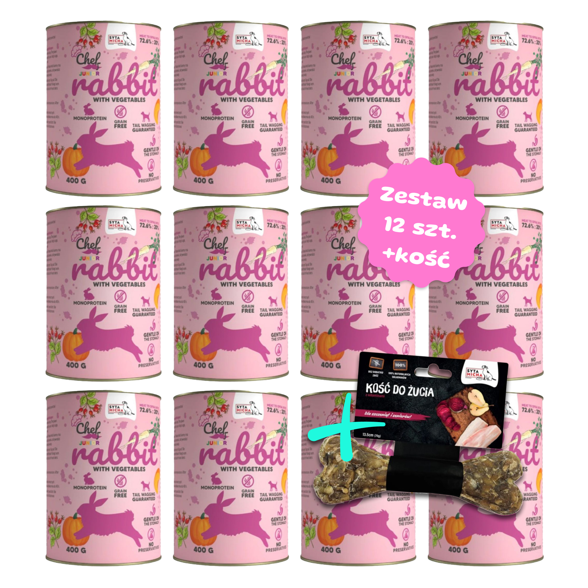 Zestaw 12 szt. puszek karmy mokrej - Syta Micha CHEF JUNIOR Królik z warzywami - 12 szt. puszka 400g + Kość do żucia dla szczeniąt 13,5cm