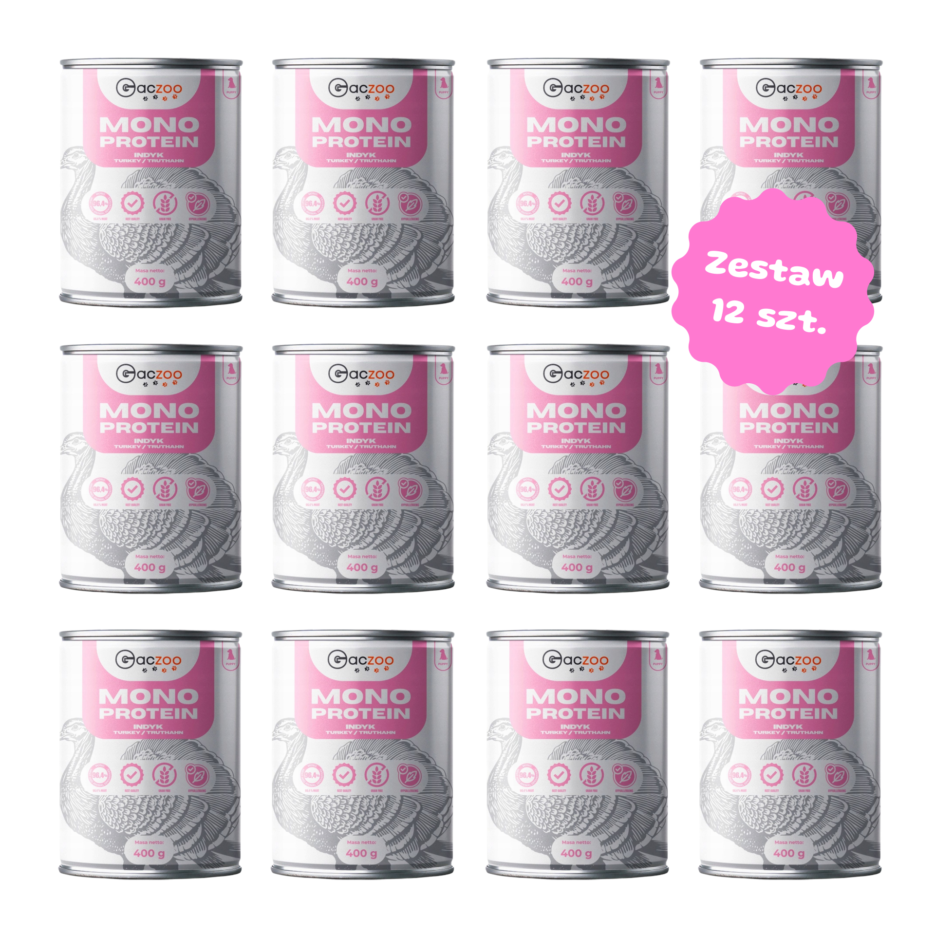 Zestaw 12 szt. puszek karmy mokrej monobiałkowej - Gaczoo Mono Protein Puppy Indyk - 12 szt. puszka 400g