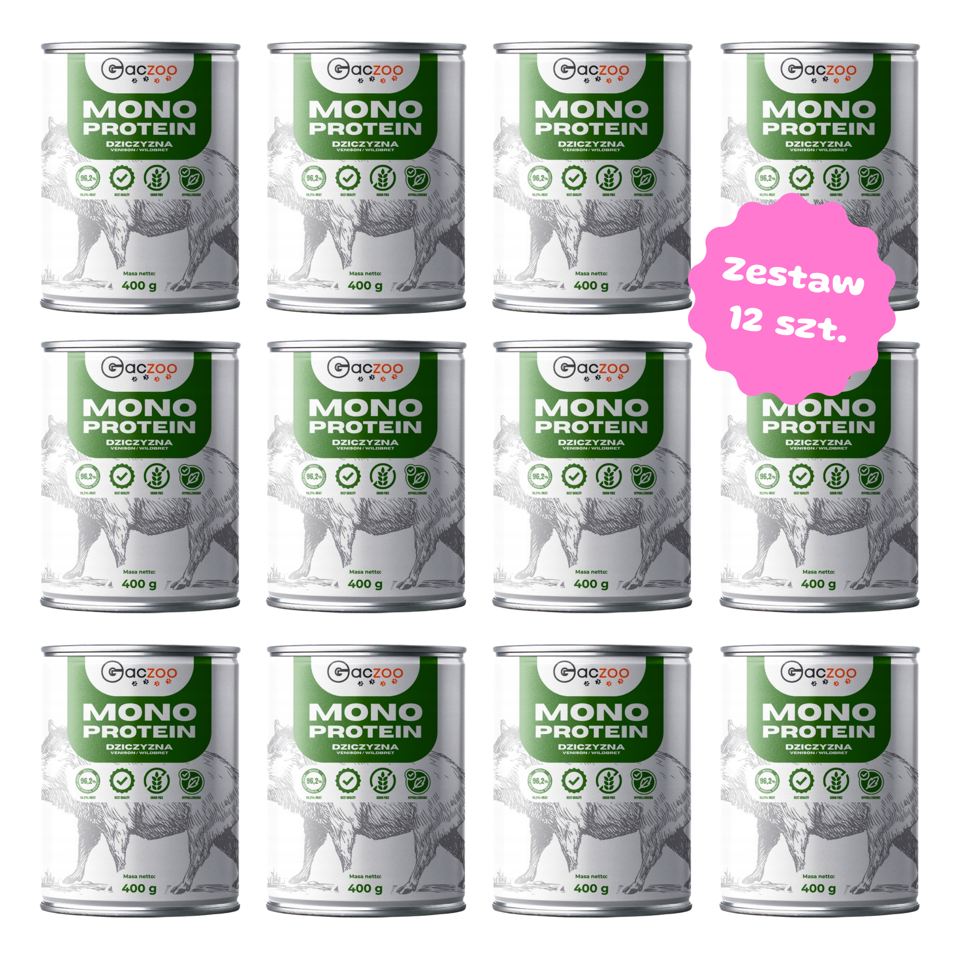 Zestaw 12 szt. puszek karmy mokrej monobiałkowej - Gaczoo Mono Protein Dziczyzna - 12 szt. puszka 400g